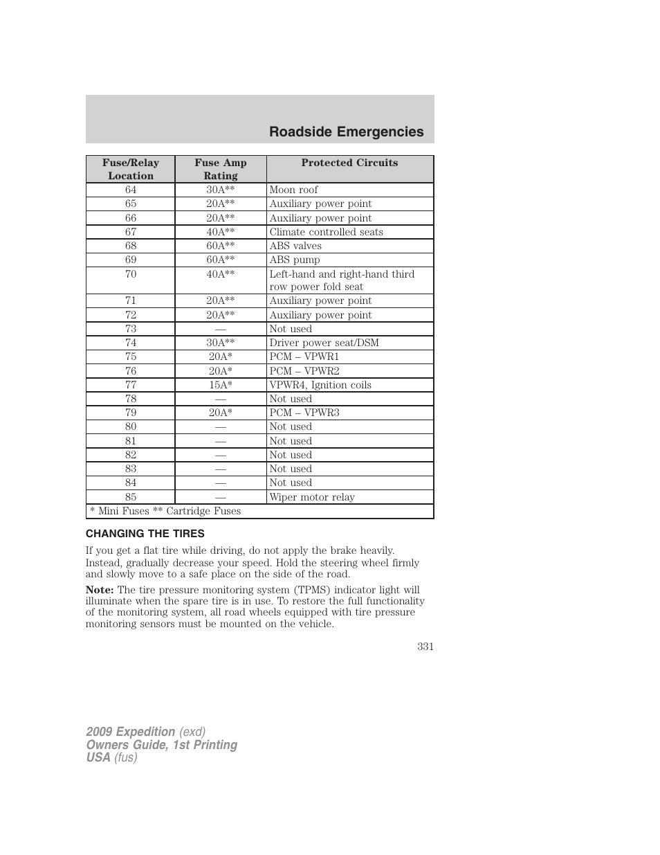 Changing the tires, Changing tires, Roadside emergencies | FORD 2009 Expedition v.1 User Manual | Page 331 / 416