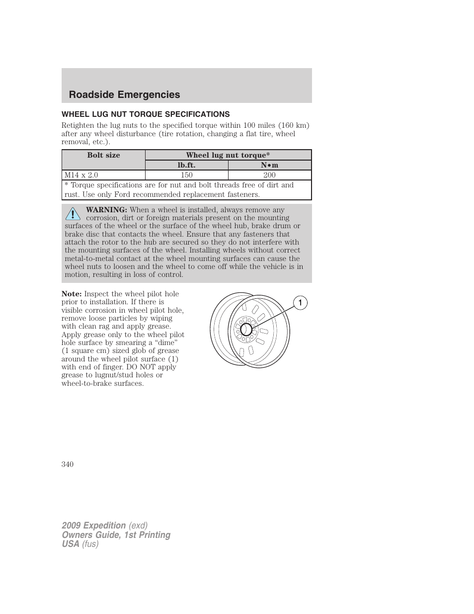 Wheel lug nut torque specifications, Wheel lug nut torque, Roadside emergencies | FORD 2009 Expedition v.1 User Manual | Page 340 / 416