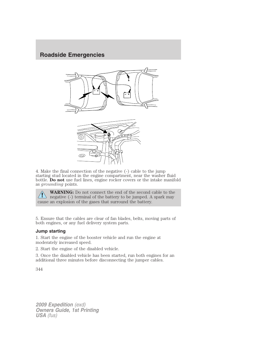 Jump starting, Roadside emergencies | FORD 2009 Expedition v.1 User Manual | Page 344 / 416