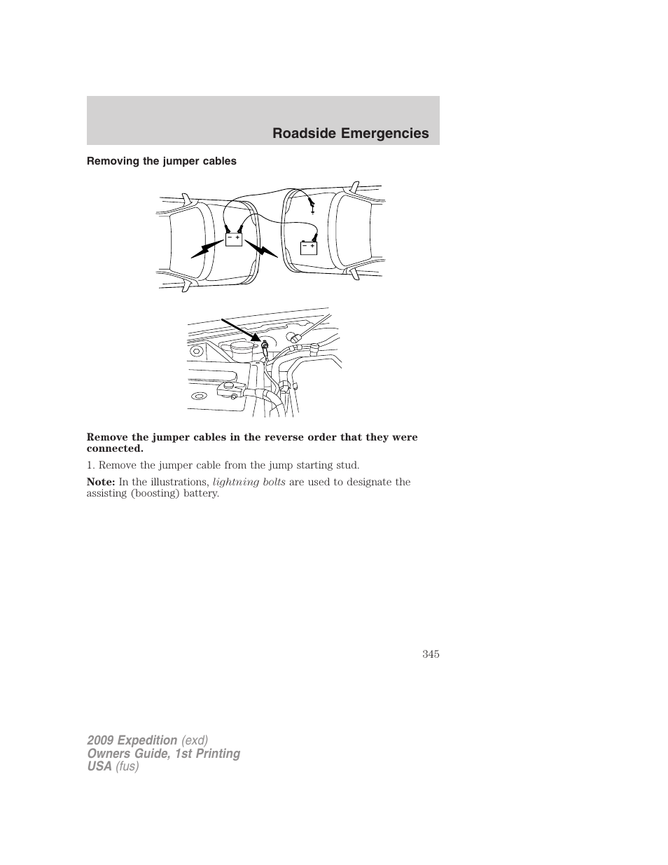 Removing the jumper cables, Roadside emergencies | FORD 2009 Expedition v.1 User Manual | Page 345 / 416