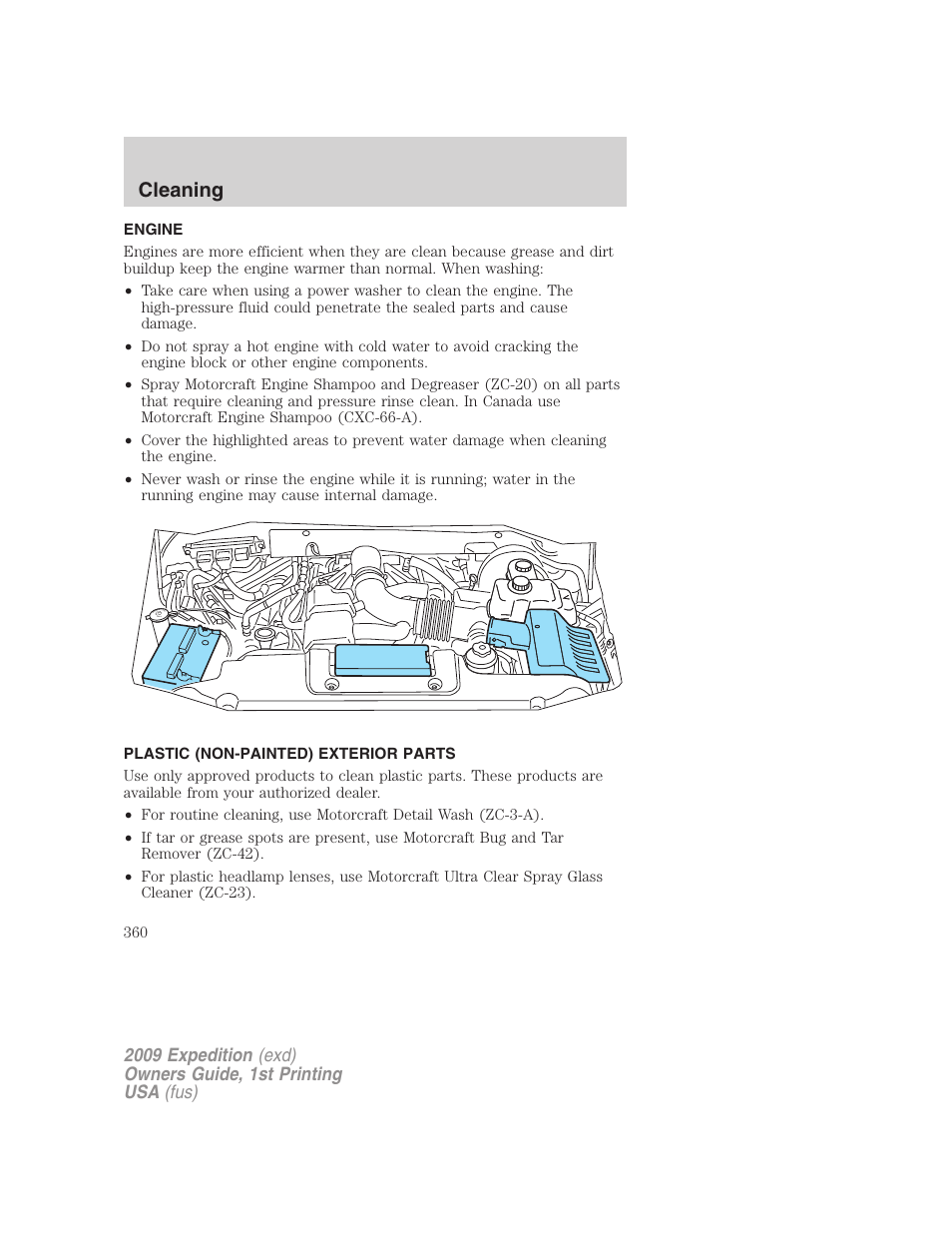 Engine, Plastic (non-painted) exterior parts, Cleaning | FORD 2009 Expedition v.1 User Manual | Page 360 / 416