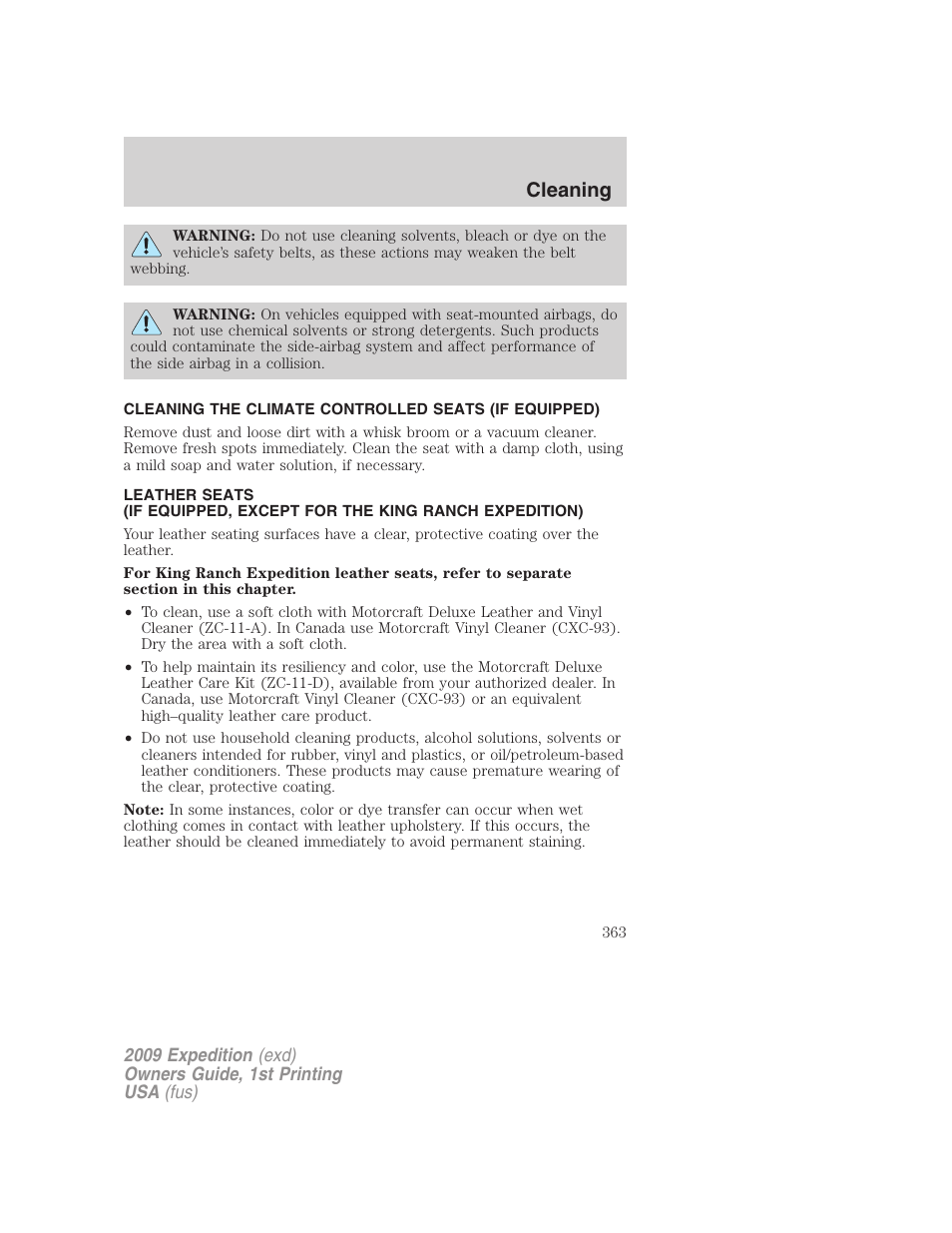 Cleaning | FORD 2009 Expedition v.1 User Manual | Page 363 / 416