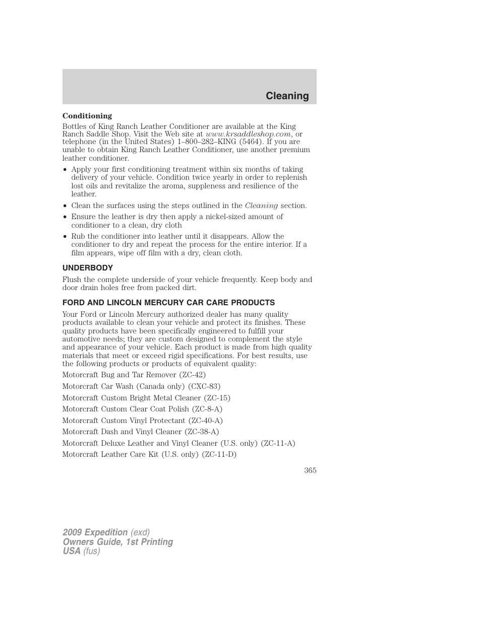 Underbody, Ford and lincoln mercury car care products, Cleaning | FORD 2009 Expedition v.1 User Manual | Page 365 / 416