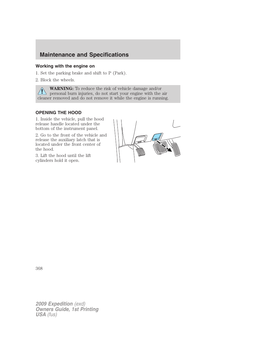 Working with the engine on, Opening the hood, Maintenance and specifications | FORD 2009 Expedition v.1 User Manual | Page 368 / 416