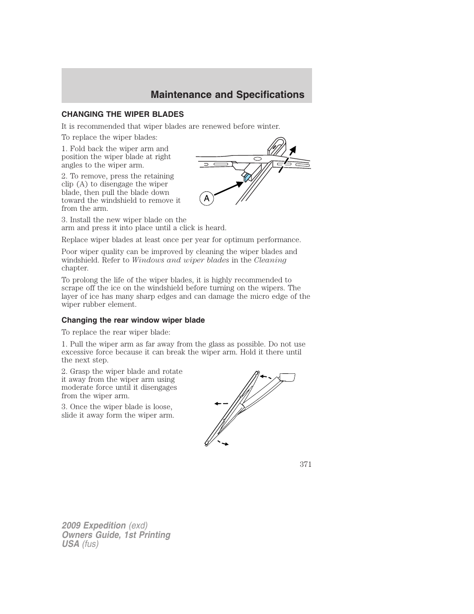 Changing the wiper blades, Changing the rear window wiper blade, Maintenance and specifications | FORD 2009 Expedition v.1 User Manual | Page 371 / 416