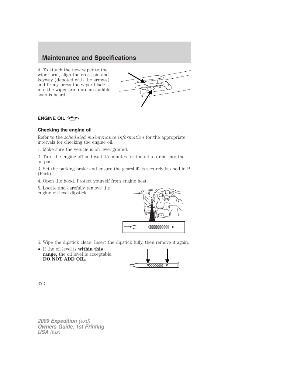 Engine oil, Checking the engine oil, Maintenance and specifications | FORD 2009 Expedition v.1 User Manual | Page 372 / 416