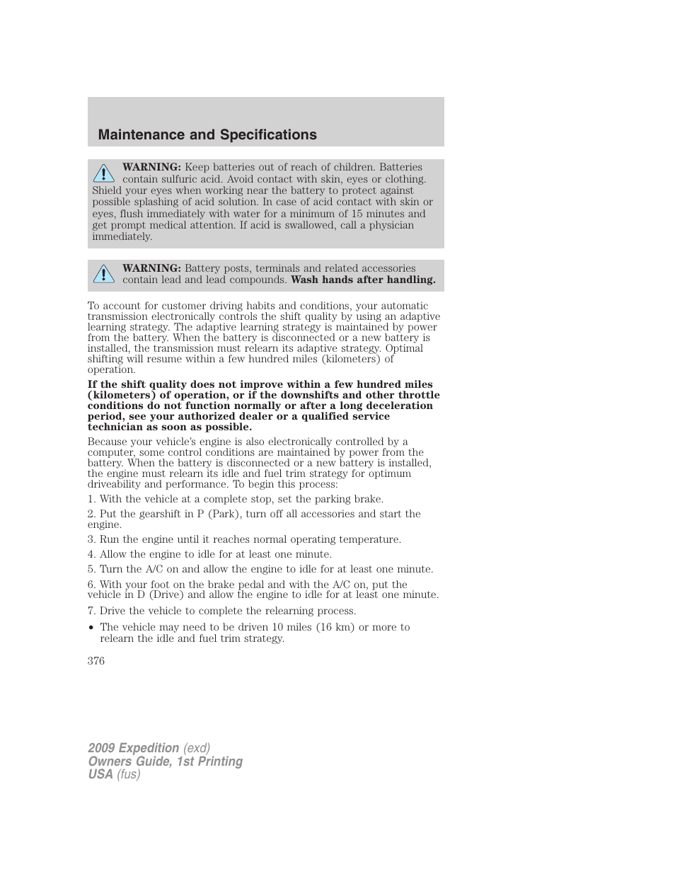 Maintenance and specifications | FORD 2009 Expedition v.1 User Manual | Page 376 / 416