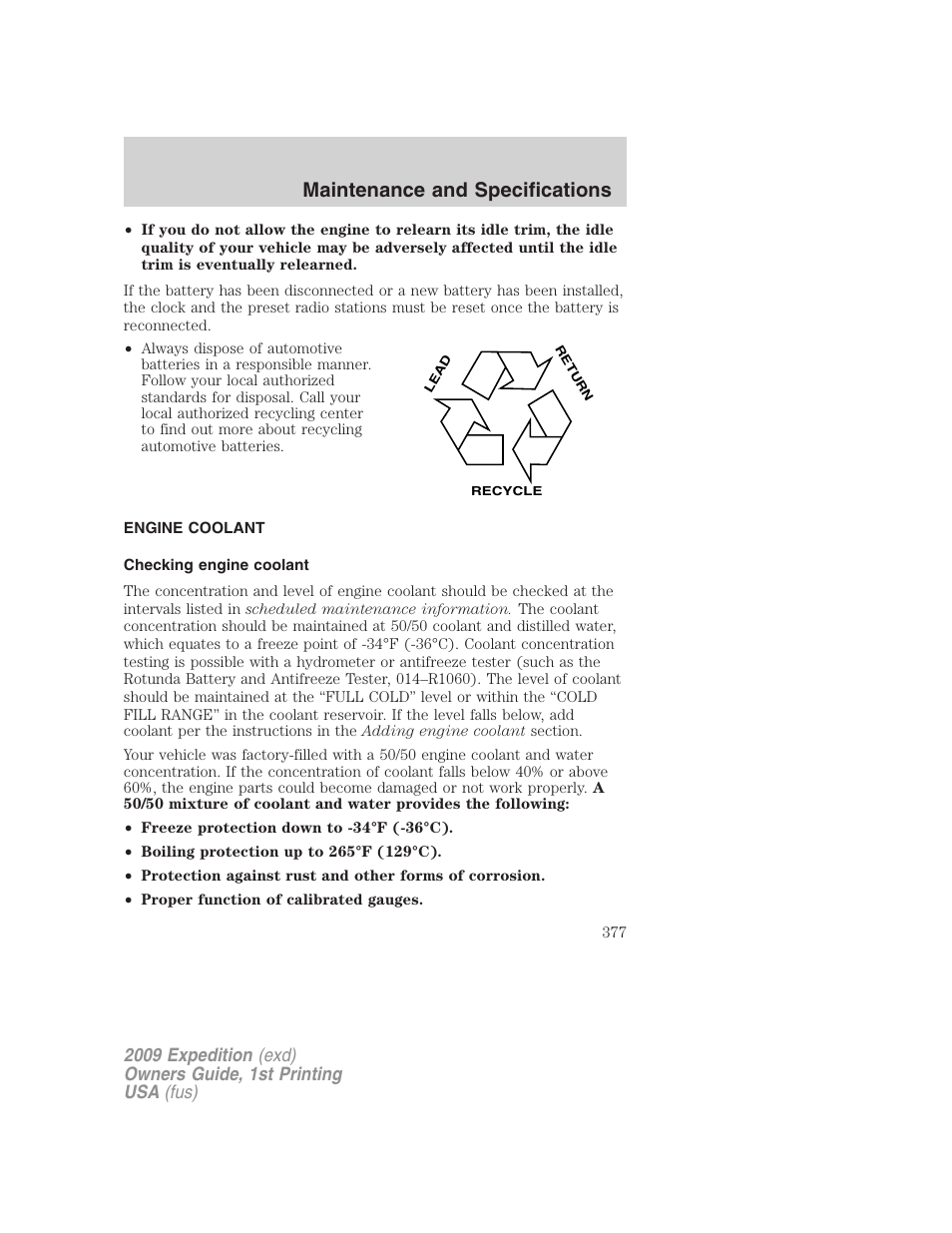 Engine coolant, Checking engine coolant, Maintenance and specifications | FORD 2009 Expedition v.1 User Manual | Page 377 / 416