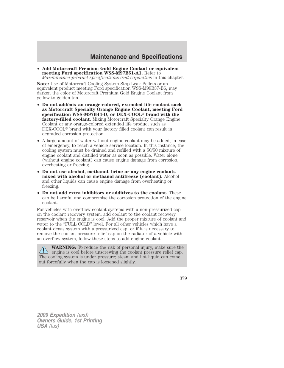 Maintenance and specifications | FORD 2009 Expedition v.1 User Manual | Page 379 / 416