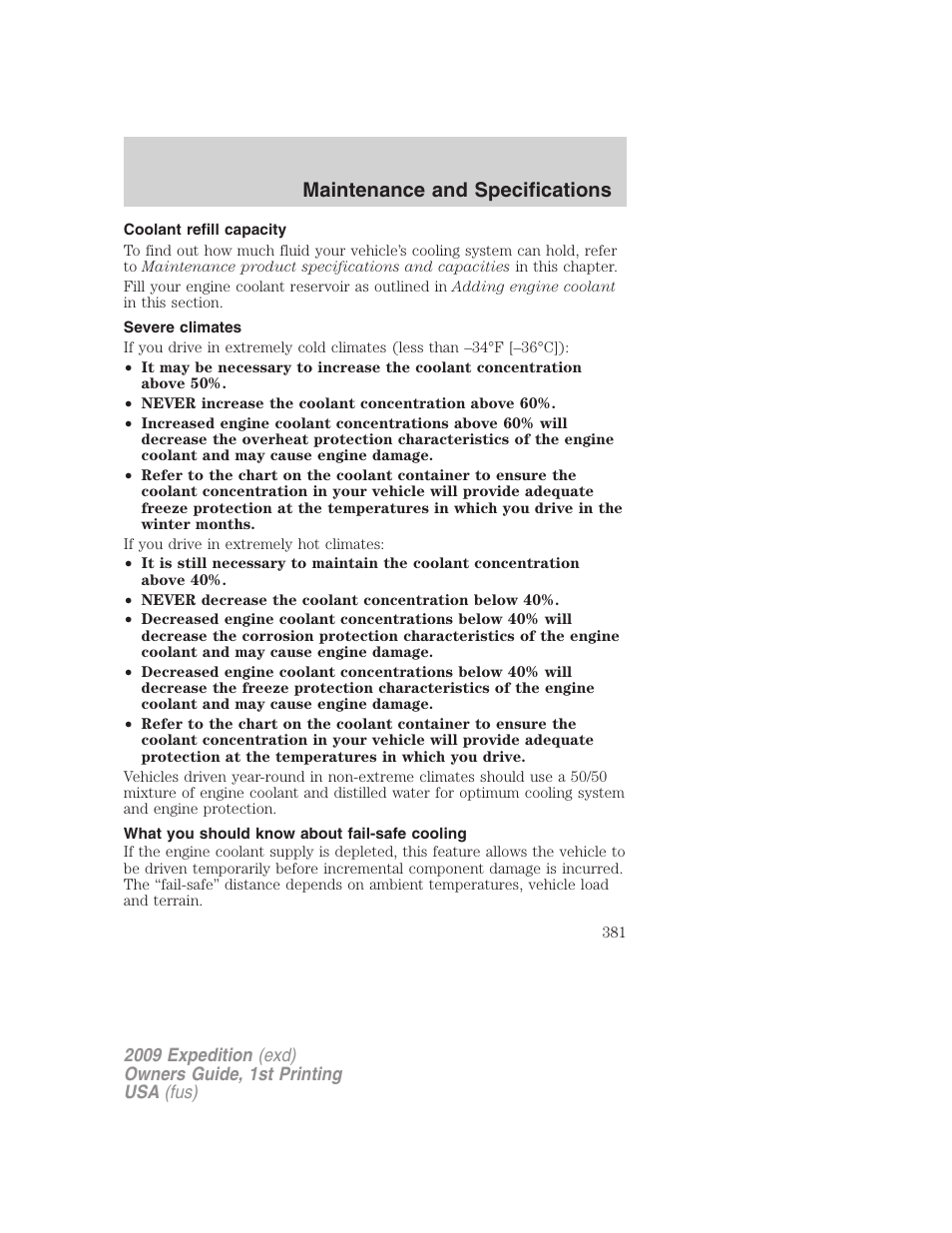 Coolant refill capacity, Severe climates, What you should know about fail-safe cooling | Maintenance and specifications | FORD 2009 Expedition v.1 User Manual | Page 381 / 416