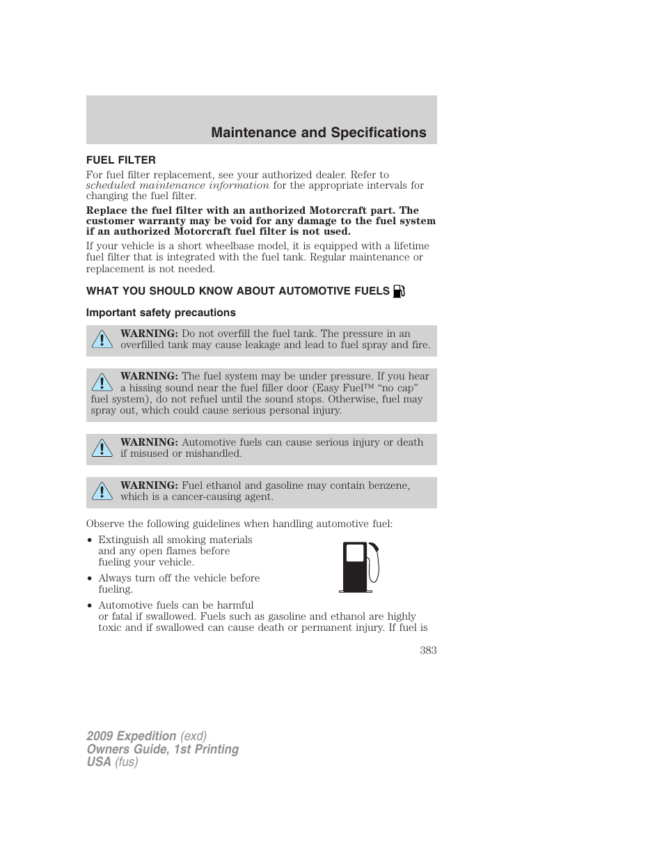 Fuel filter, What you should know about automotive fuels, Important safety precautions | Fuel information, Maintenance and specifications | FORD 2009 Expedition v.1 User Manual | Page 383 / 416