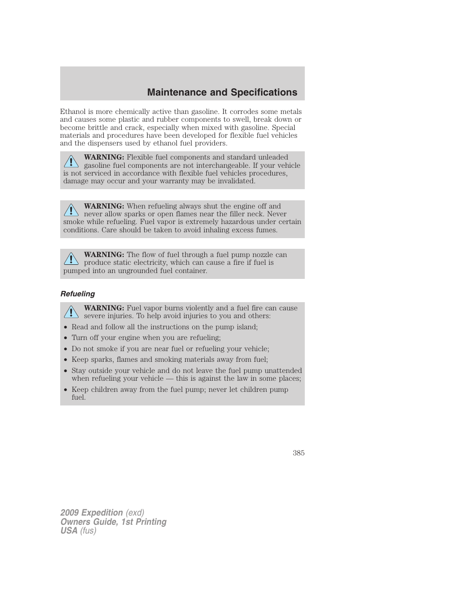Refueling, Maintenance and specifications | FORD 2009 Expedition v.1 User Manual | Page 385 / 416