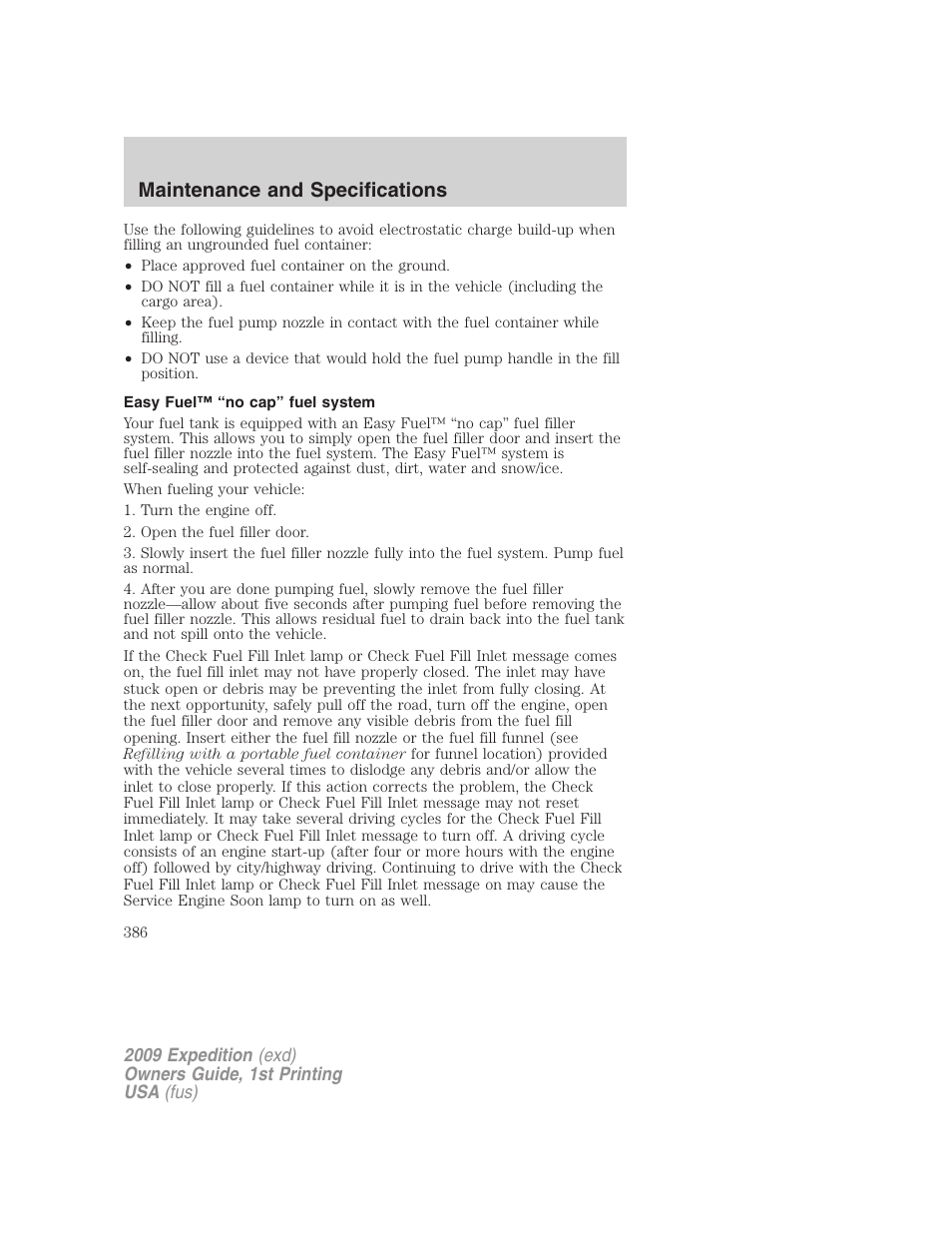 Easy fuel™ “no cap” fuel system, Maintenance and specifications | FORD 2009 Expedition v.1 User Manual | Page 386 / 416