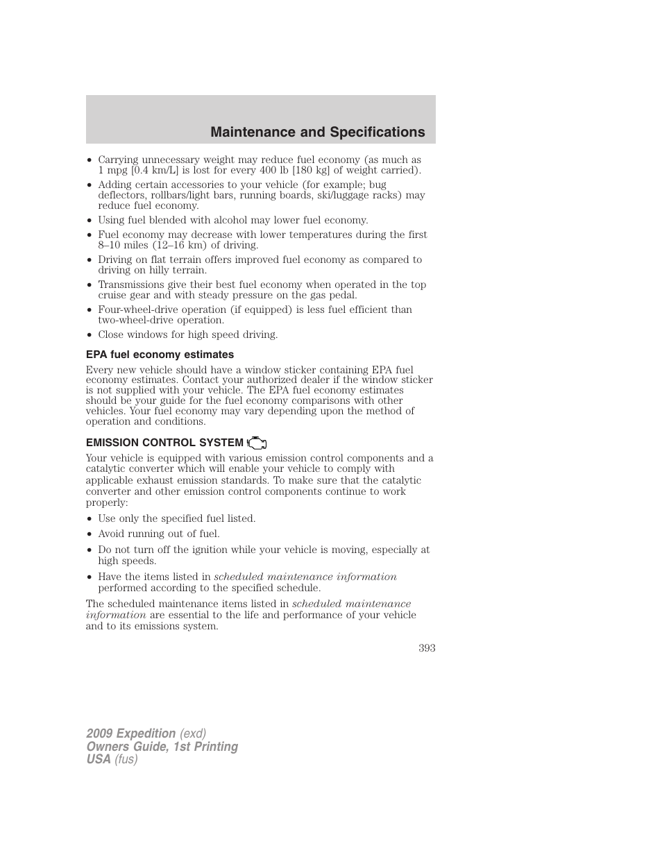 Epa fuel economy estimates, Emission control system, Maintenance and specifications | FORD 2009 Expedition v.1 User Manual | Page 393 / 416