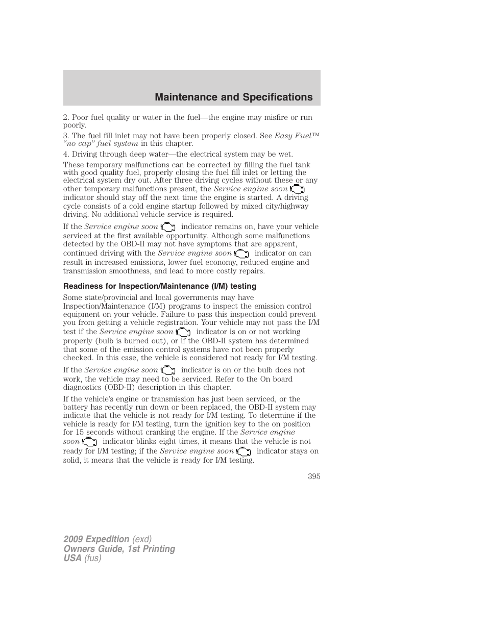 Readiness for inspection/maintenance (i/m) testing, Maintenance and specifications | FORD 2009 Expedition v.1 User Manual | Page 395 / 416