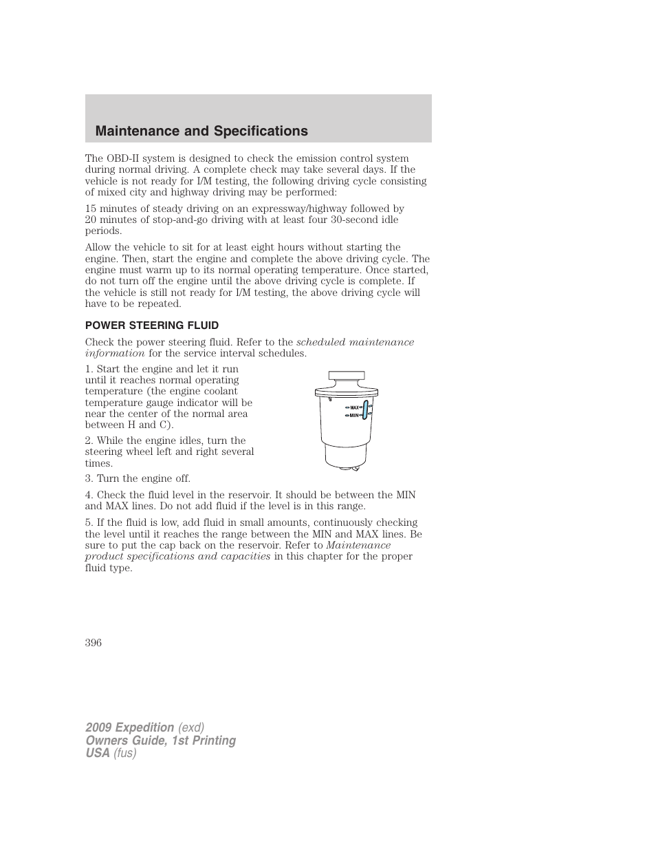 Power steering fluid, Maintenance and specifications | FORD 2009 Expedition v.1 User Manual | Page 396 / 416