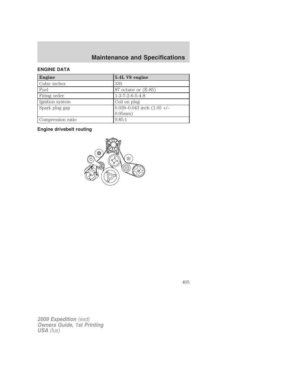 Engine data, Engine drivebelt routing, Maintenance and specifications | FORD 2009 Expedition v.1 User Manual | Page 405 / 416