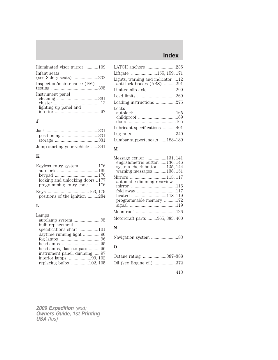 Index | FORD 2009 Expedition v.1 User Manual | Page 413 / 416