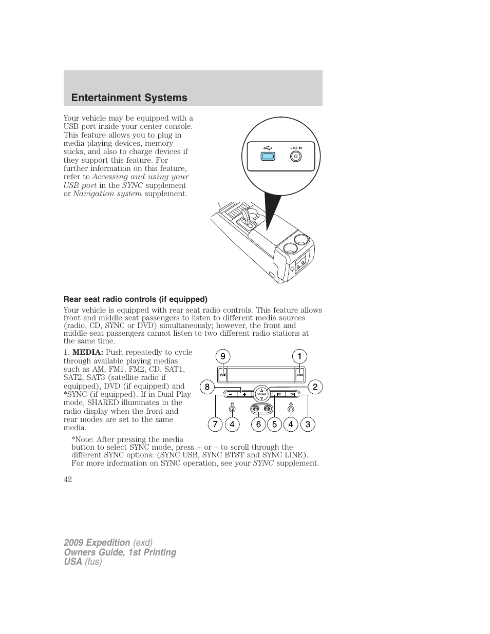 Rear seat radio controls (if equipped), Rear seat controls, Entertainment systems | FORD 2009 Expedition v.1 User Manual | Page 42 / 416