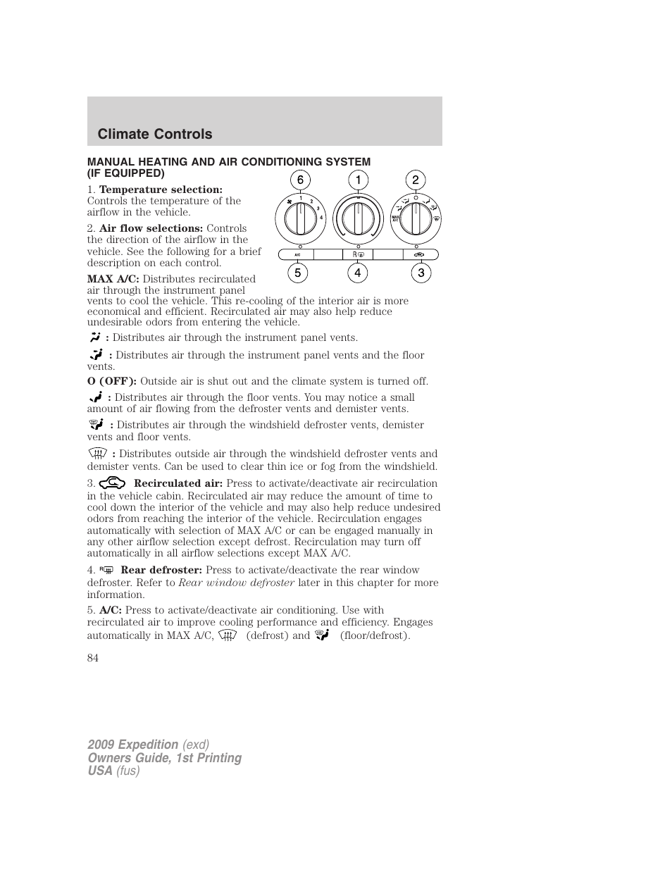 Climate controls, Manual heating and air conditioning | FORD 2009 Expedition v.1 User Manual | Page 84 / 416