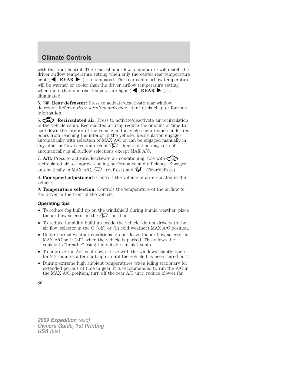 Operating tips, Climate controls | FORD 2009 Expedition v.1 User Manual | Page 86 / 416