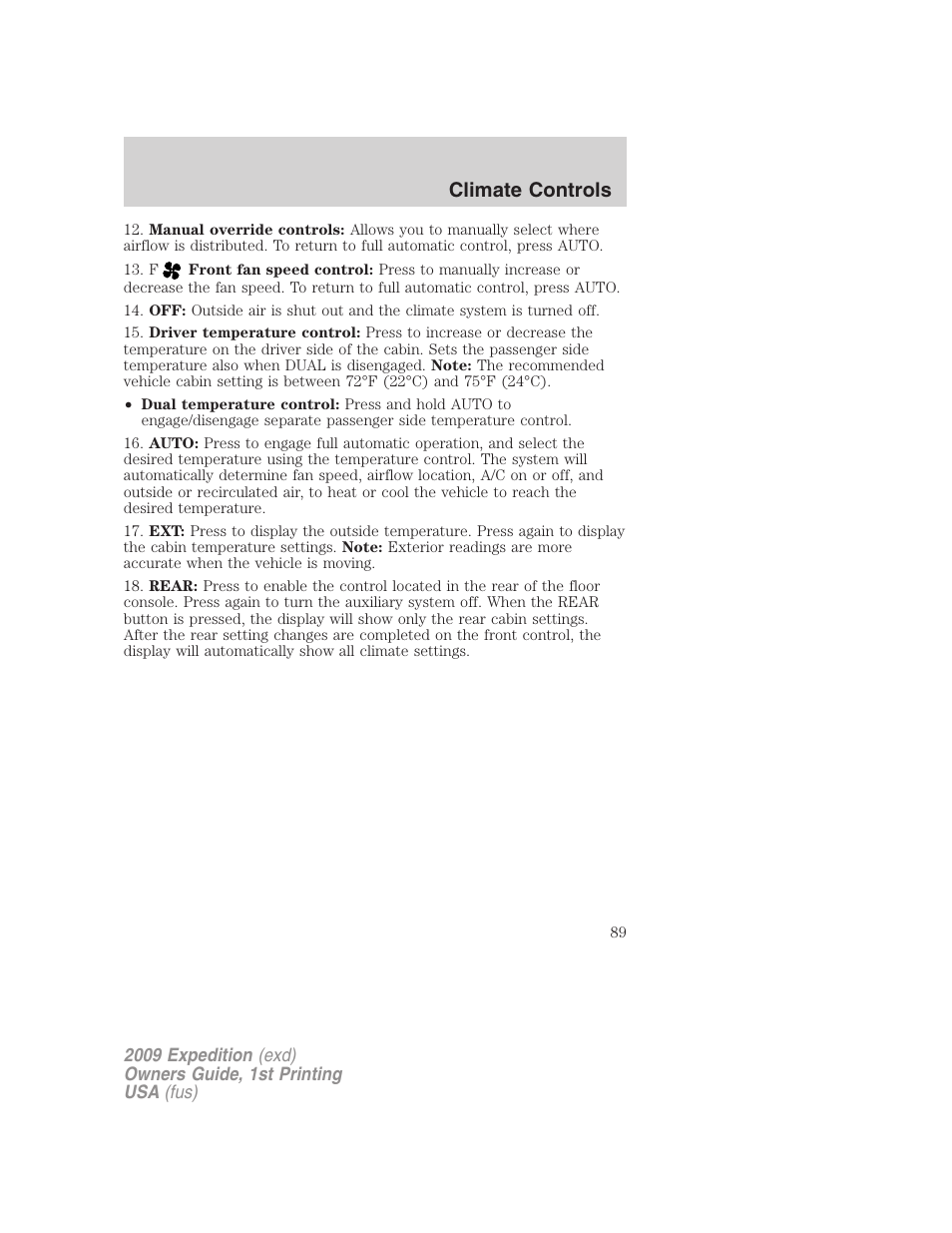 Climate controls | FORD 2009 Expedition v.1 User Manual | Page 89 / 416