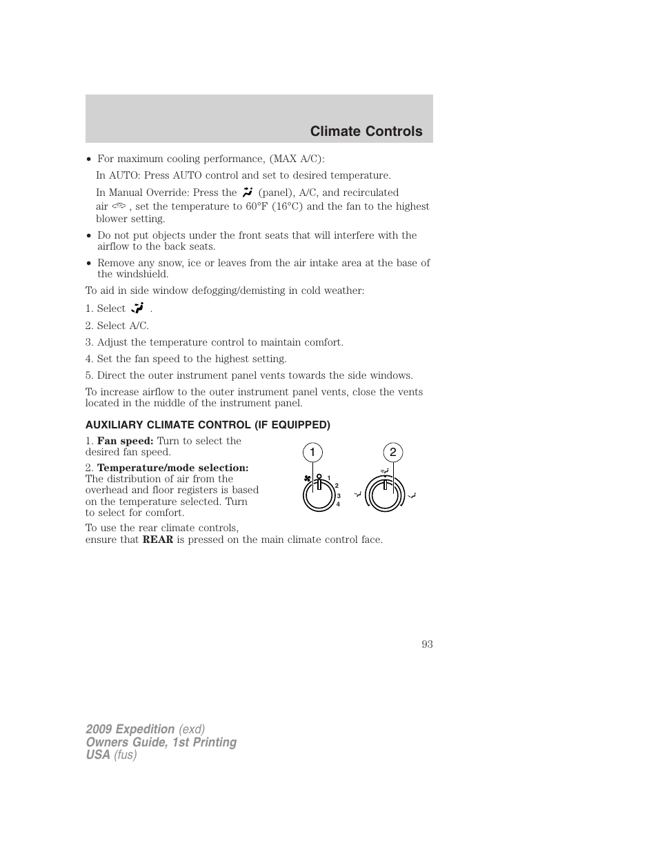 Auxiliary climate control (if equipped), Climate controls | FORD 2009 Expedition v.1 User Manual | Page 93 / 416