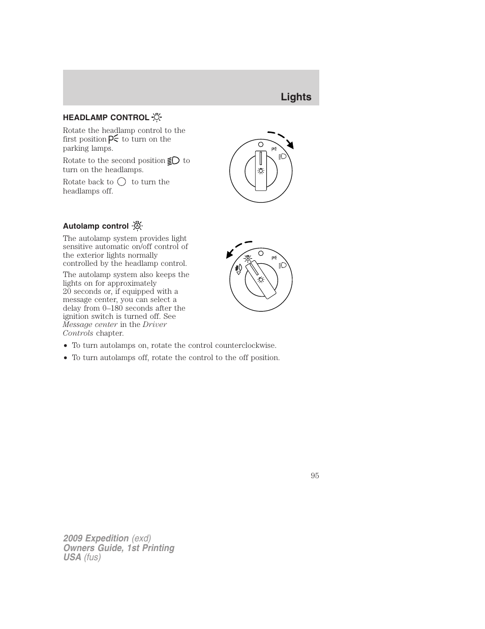 Lights, Headlamp control, Autolamp control | Headlamps | FORD 2009 Expedition v.1 User Manual | Page 95 / 416