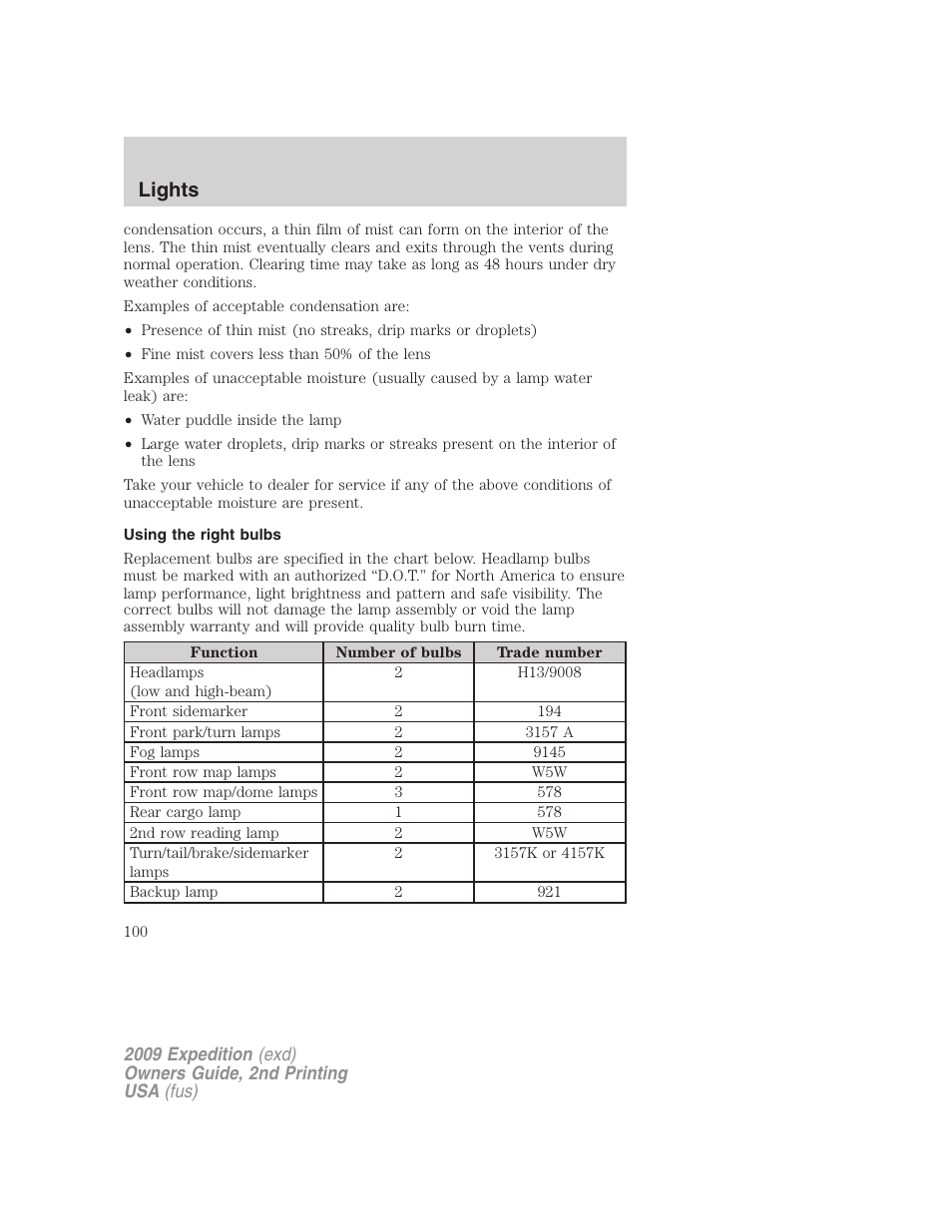 Using the right bulbs, Lights | FORD 2009 Expedition v.2 User Manual | Page 100 / 415