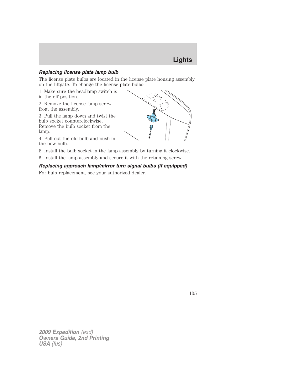 Replacing license plate lamp bulb, Lights | FORD 2009 Expedition v.2 User Manual | Page 105 / 415