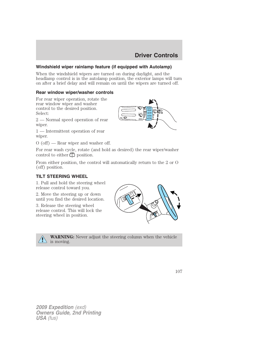 Rear window wiper/washer controls, Tilt steering wheel, Steering wheel adjustment | Driver controls | FORD 2009 Expedition v.2 User Manual | Page 107 / 415