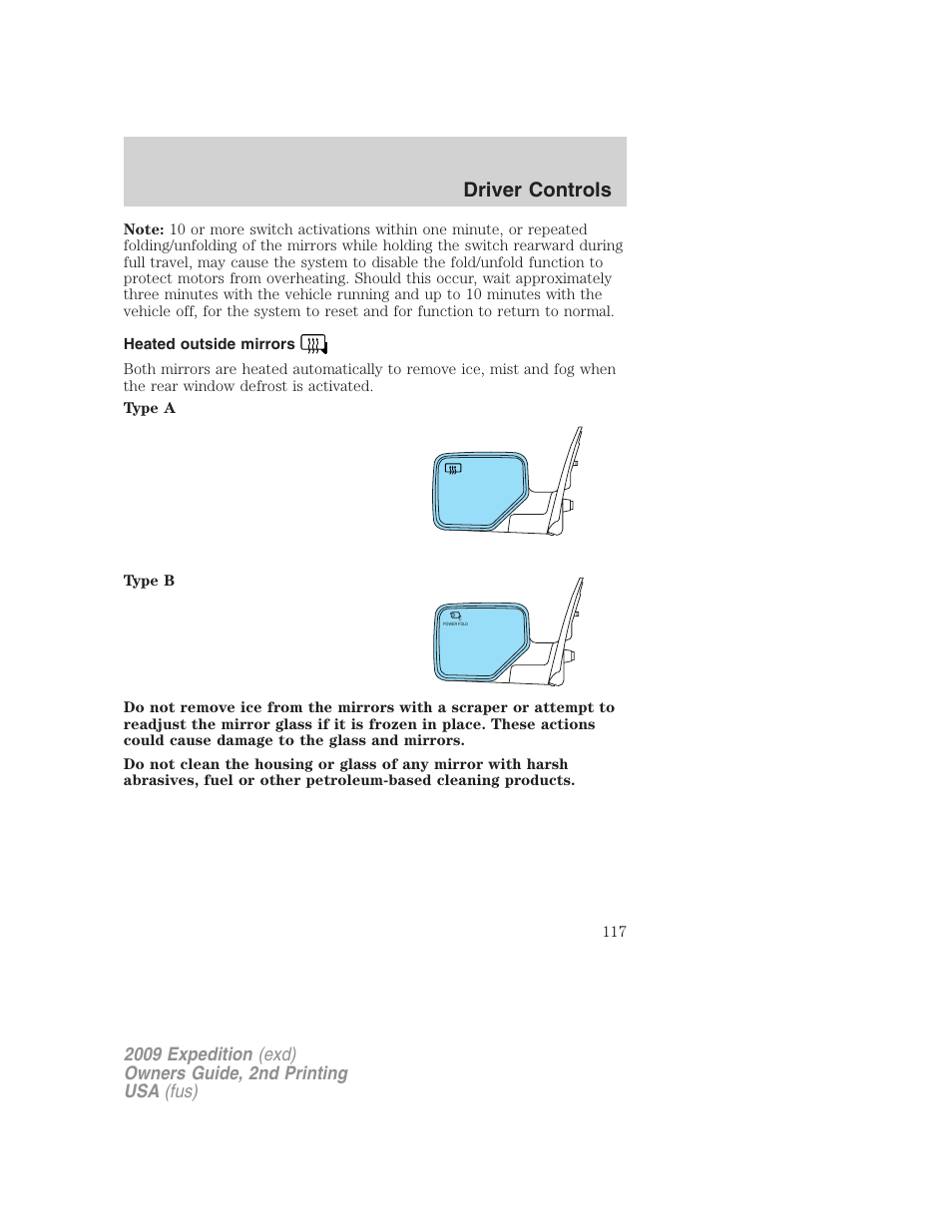 Heated outside mirrors, Driver controls | FORD 2009 Expedition v.2 User Manual | Page 117 / 415