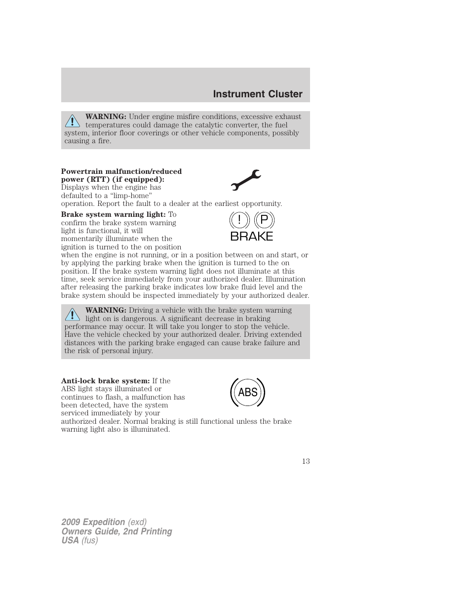 P! brake abs | FORD 2009 Expedition v.2 User Manual | Page 13 / 415