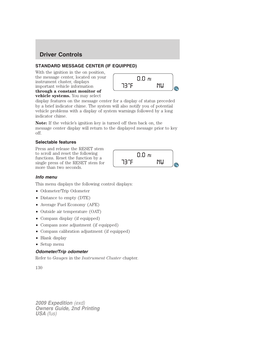 Standard message center (if equipped), Selectable features, Info menu | Odometer/trip odometer, Message center, Driver controls | FORD 2009 Expedition v.2 User Manual | Page 130 / 415