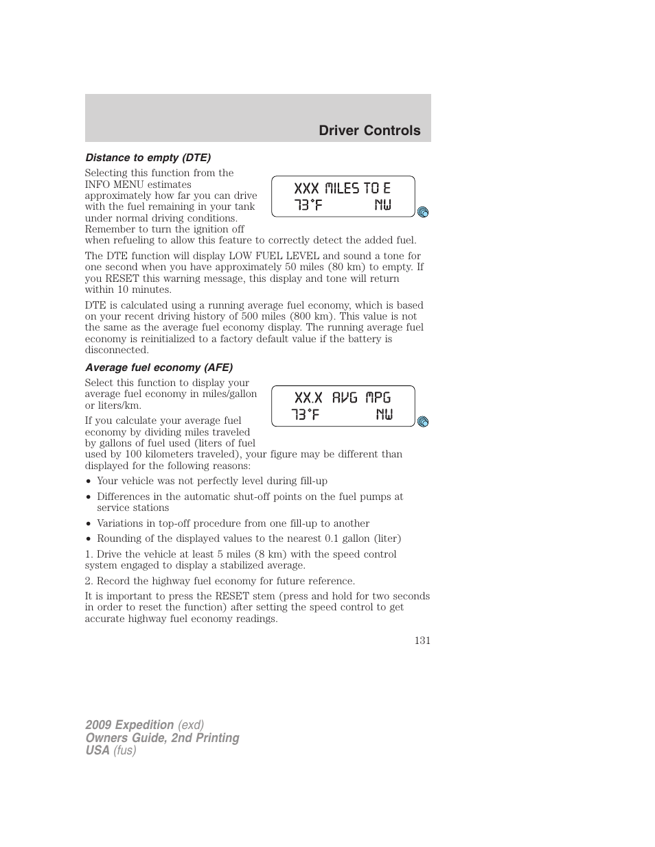 Distance to empty (dte), Average fuel economy (afe), Driver controls | FORD 2009 Expedition v.2 User Manual | Page 131 / 415