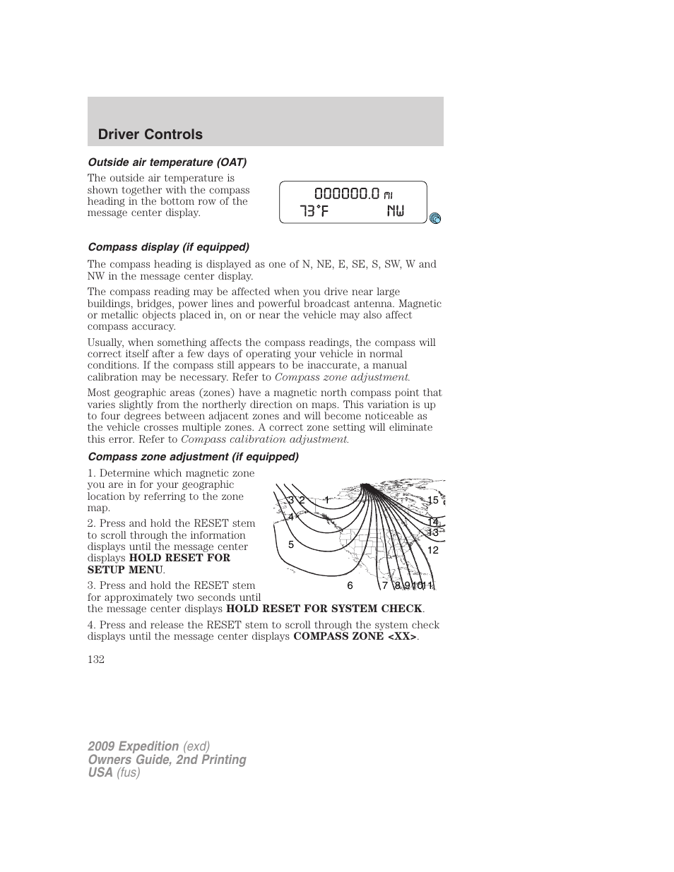 Outside air temperature (oat), Compass display (if equipped), Compass zone adjustment (if equipped) | Driver controls | FORD 2009 Expedition v.2 User Manual | Page 132 / 415