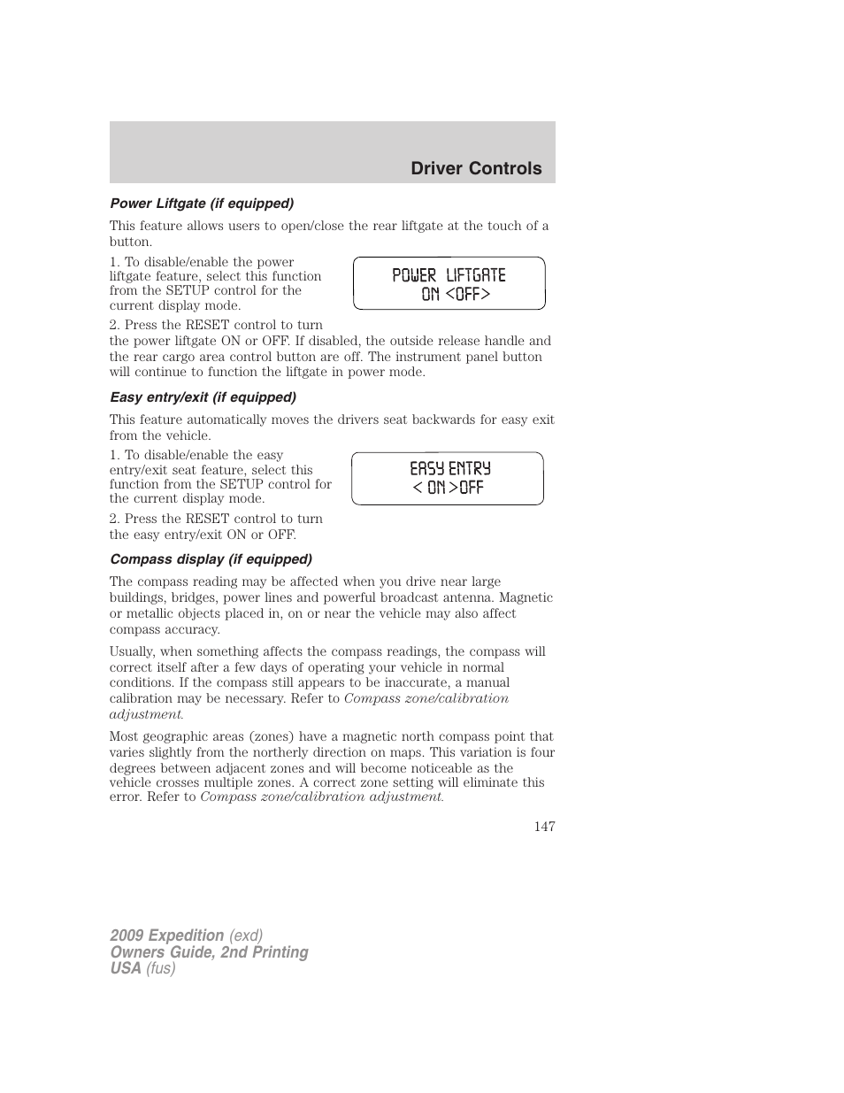 Power liftgate (if equipped), Easy entry/exit (if equipped), Compass display (if equipped) | Driver controls | FORD 2009 Expedition v.2 User Manual | Page 147 / 415