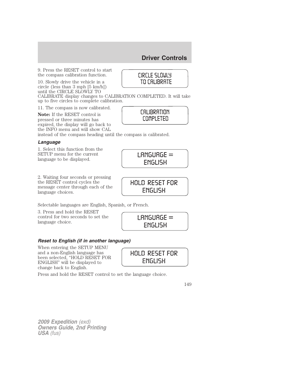 Language, Reset to english (if in another language), Driver controls | FORD 2009 Expedition v.2 User Manual | Page 149 / 415