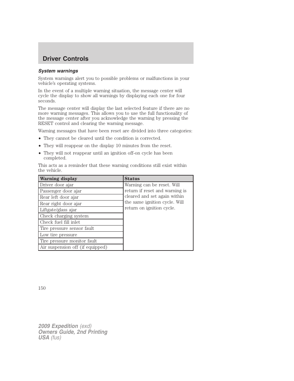 System warnings, Driver controls | FORD 2009 Expedition v.2 User Manual | Page 150 / 415