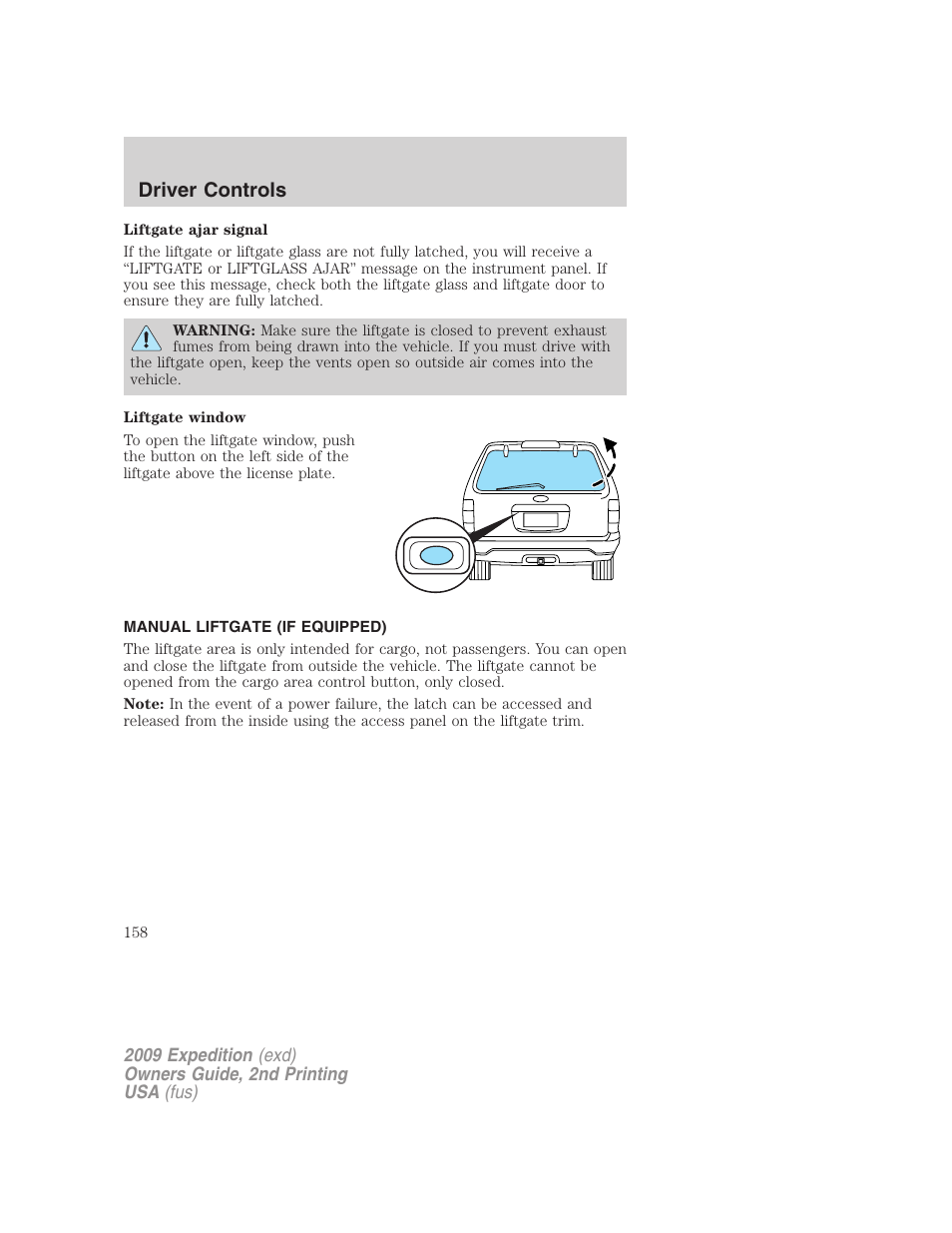Manual liftgate (if equipped), Driver controls | FORD 2009 Expedition v.2 User Manual | Page 158 / 415