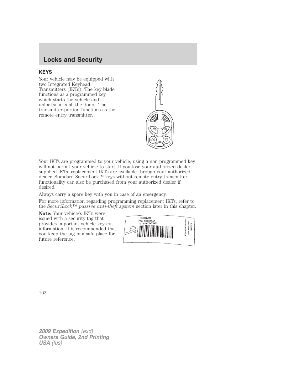 Locks and security, Keys | FORD 2009 Expedition v.2 User Manual | Page 162 / 415