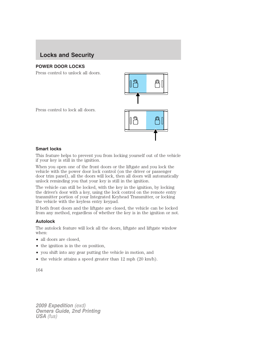 Power door locks, Smart locks, Autolock | Locks, Locks and security | FORD 2009 Expedition v.2 User Manual | Page 164 / 415