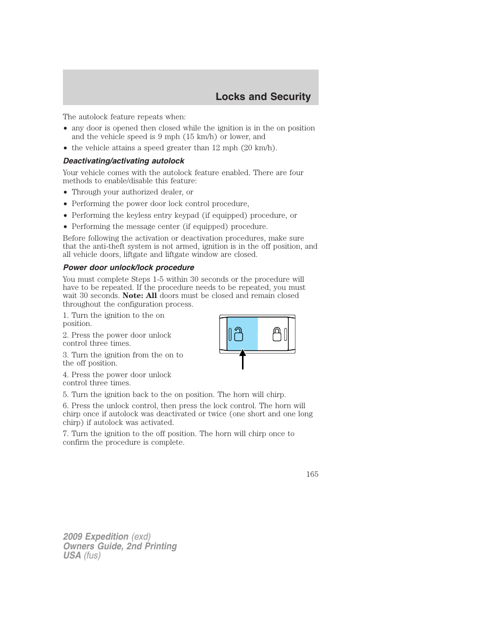 Deactivating/activating autolock, Power door unlock/lock procedure, Locks and security | FORD 2009 Expedition v.2 User Manual | Page 165 / 415