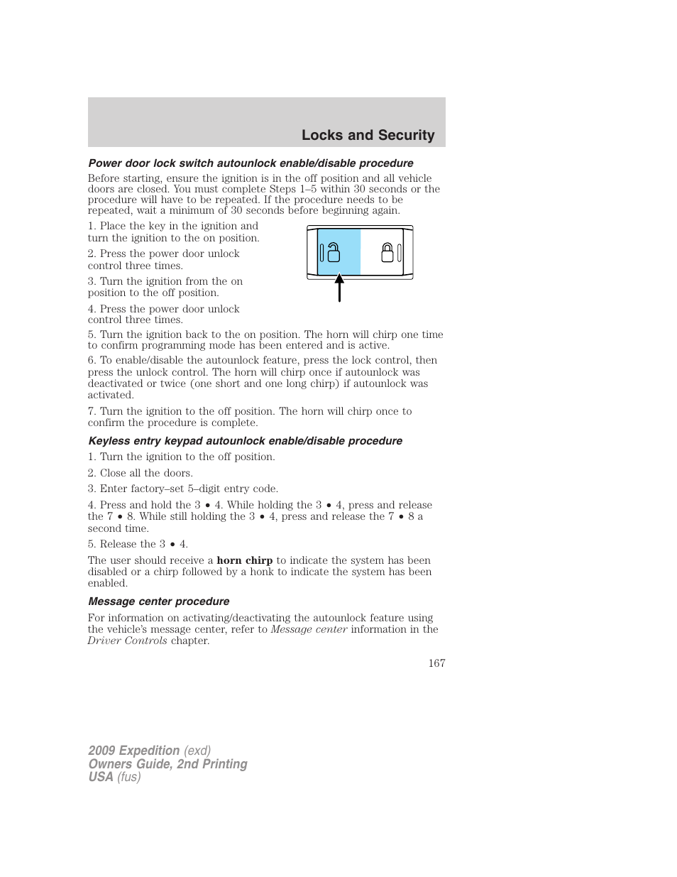 Message center procedure, Locks and security | FORD 2009 Expedition v.2 User Manual | Page 167 / 415