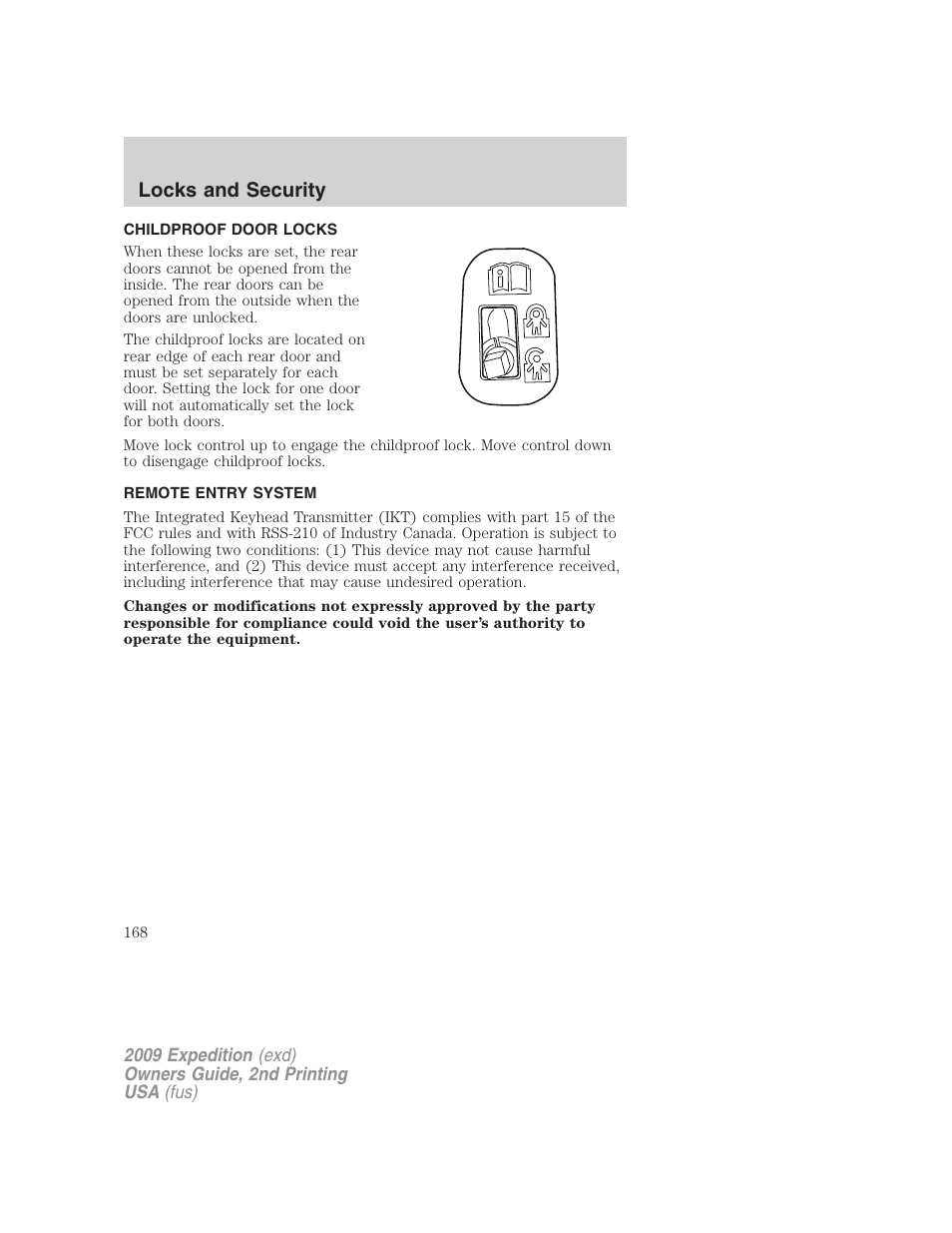 Childproof door locks, Remote entry system, Locks and security | FORD 2009 Expedition v.2 User Manual | Page 168 / 415