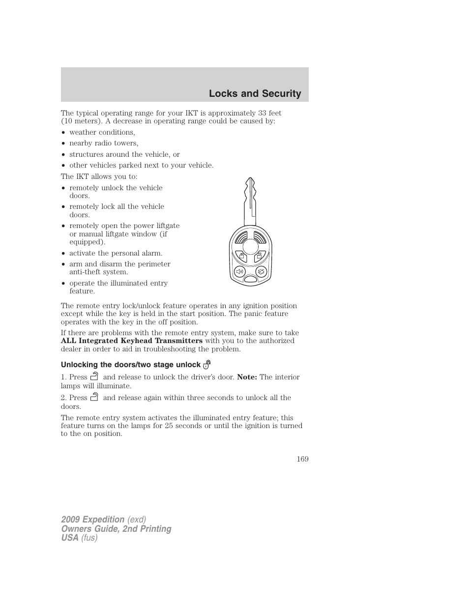 Unlocking the doors/two stage unlock, Locks and security | FORD 2009 Expedition v.2 User Manual | Page 169 / 415