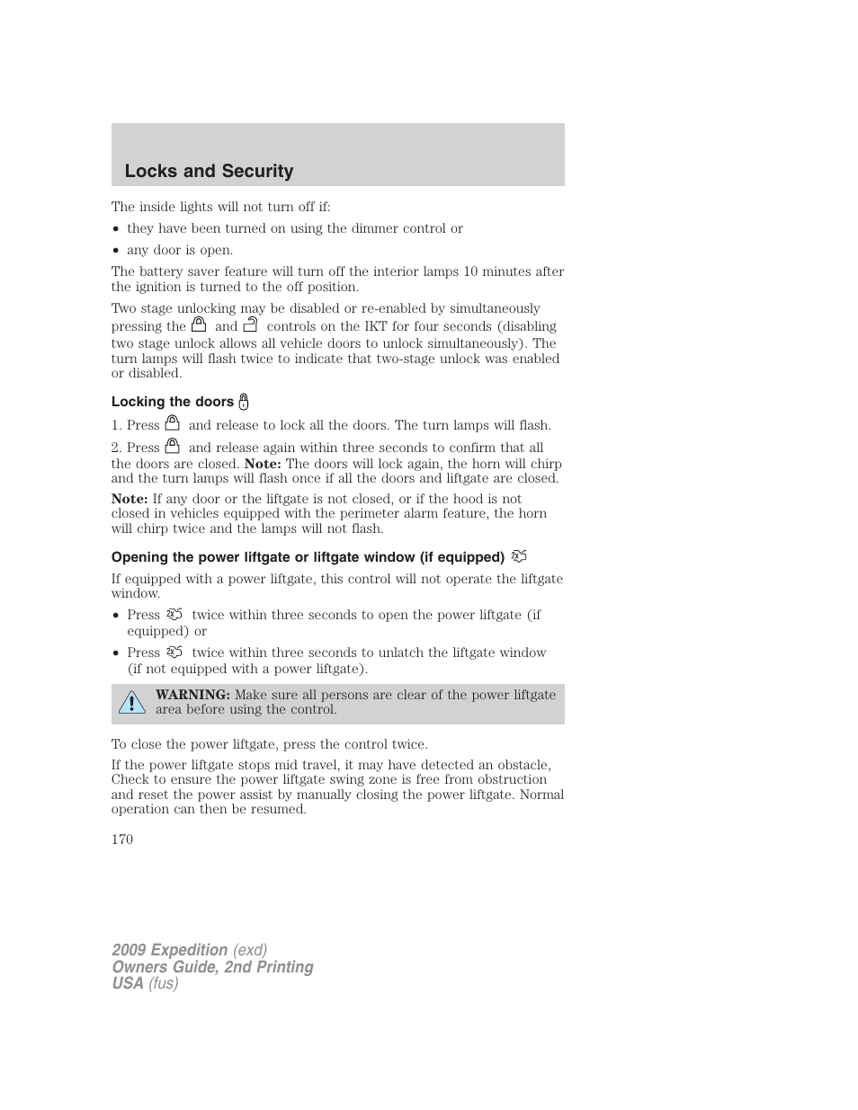 Locking the doors, Locks and security | FORD 2009 Expedition v.2 User Manual | Page 170 / 415