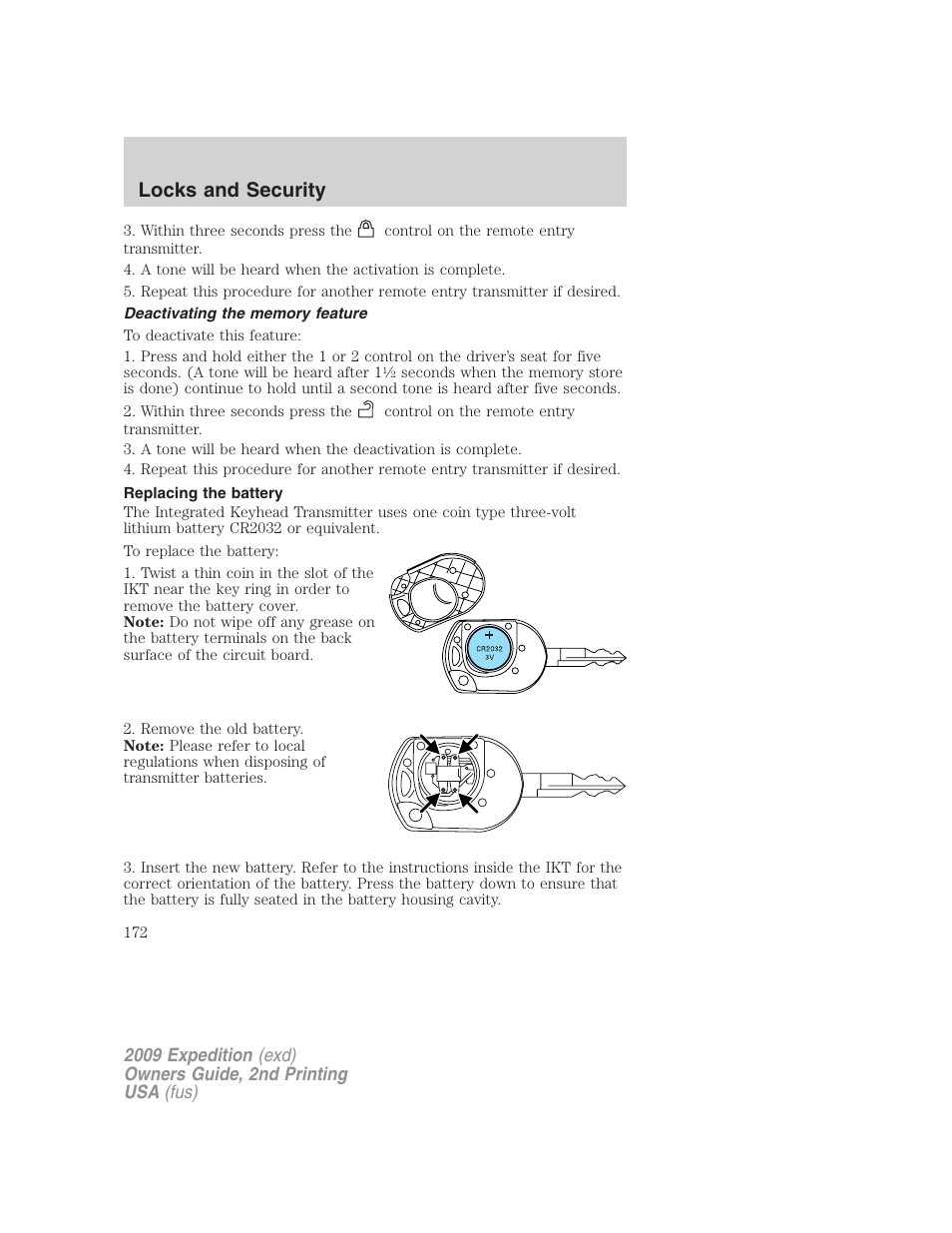 Deactivating the memory feature, Replacing the battery, Locks and security | FORD 2009 Expedition v.2 User Manual | Page 172 / 415
