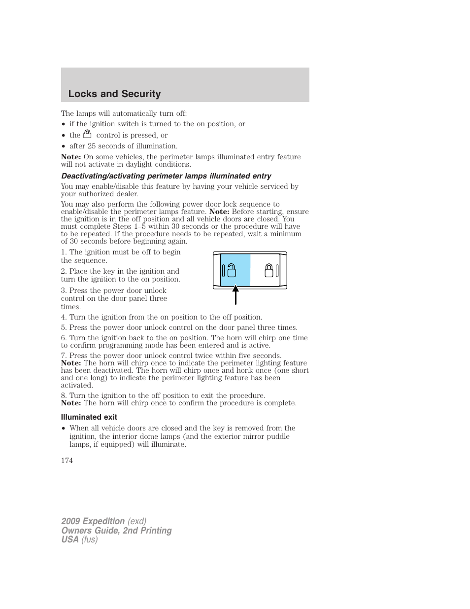 Illuminated exit, Locks and security | FORD 2009 Expedition v.2 User Manual | Page 174 / 415