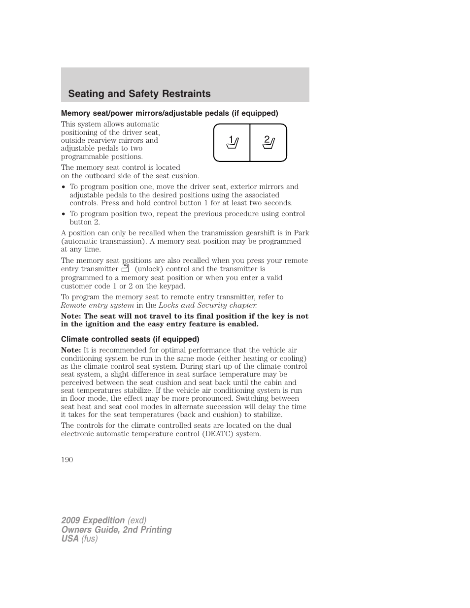 Climate controlled seats (if equipped), Seating and safety restraints | FORD 2009 Expedition v.2 User Manual | Page 190 / 415